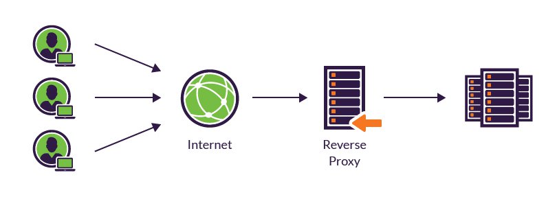 Schéma : trois postes clients traversent internet vers un reverse proxy, qui relaie le trafic vers une ferme de serveurs